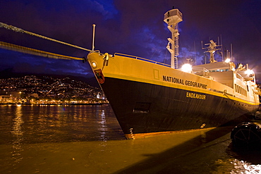 The National Geographic Endeavour in pre-dawn light in the harbor at Funchal, Madeira, Portugal