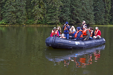 The Lindblad Expeditions ship National Geographic Sea Bird operating Zodiacs in Southeast Alaska, USA. No property or model release available for this image.