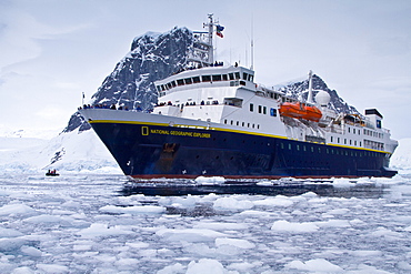 The Lindblad Expedition Ship National Geographic Explorer operating in Antarctica in the summer months.