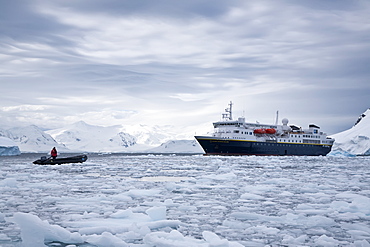 The Lindblad Expedition Ship National Geographic Explorer operating in Antarctica in the summer months.