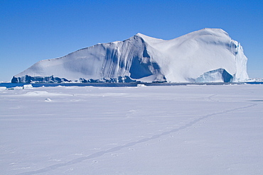 Huge tabular icebergs and smaller ice floes in the Weddell Sea, on the eastern side of the Antarctic Peninsula