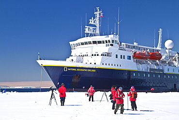 The Lindblad Expedition Ship National Geographic Explorer "grounded" into first-year pack ice in Antarctica in the summer months.