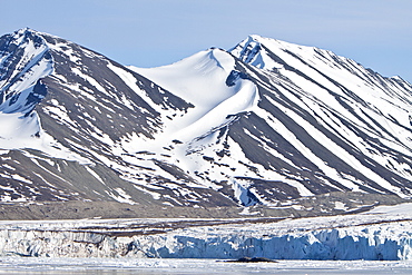 Approaching Monaco Glacier, in Liefdefjord near the northwest corner of Spitsbergen in the Svalbard Archipelago of Norway. 