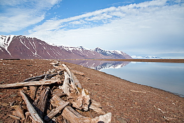 Scenic views of Woodfjord on the northern side of Spitsbergen in the Svalbard Archipelago of Norway. 