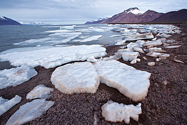 Scenic views of Woodfjord on the northern side of Spitsbergen in the Svalbard Archipelago of Norway. 