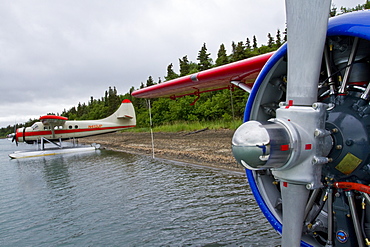 Float planes used to fly guests in to the Brooks Lodge and campground in Katmai National Park near Bristol Bay, Alaska, USA. Pacific Ocean