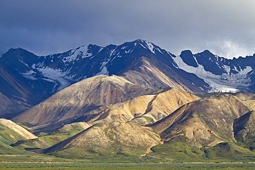 A view of the Polychrome (many-colored) Mountains from a lookout point on the park road inside Denali National Park and Preserve , Alaska, USA.  