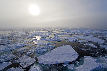 Fog and a fog bow surround the Lindblad Expeditions ship National Geographic Explorer in Palanderbutka, Nordaustlandet, in the Svalbard Archipelago, Norway