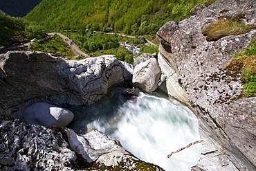 Water melting from the Briksdalsbreen glacier south of the small town of Olden in coastal Norway