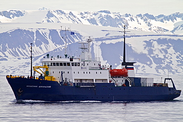 A view of the expedition ship Akademik Shokalskiy operating in the Svalbard Archipelago, Norway.