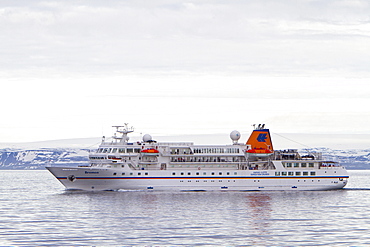 A view of the expedition ship Bremen operating in the Svalbard Archipelago, Norway.