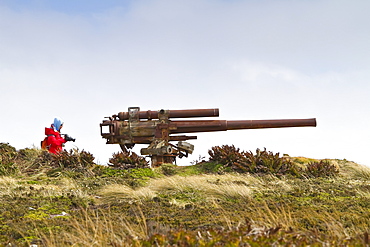 View of the Vicker's gun emplacement outside Stanley (formerly known as "Port Stanley"), the capital and only true city (with a cathedral) in the Falkland Islands, South Atlantic Ocean