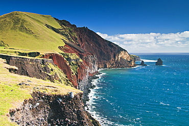 View of the volcanic shoreline on Tristan da Cunha, "the most remote inhabited location on Earth", South Atlantic Ocean