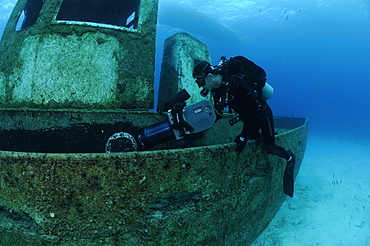 Cameraman Michael Pitts on the wreck of the ''Blue Plunder'' Bahamas.