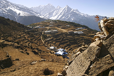 Everest Trail Scenic. Mountains, Prayer Flags, Stone prayer carvings.