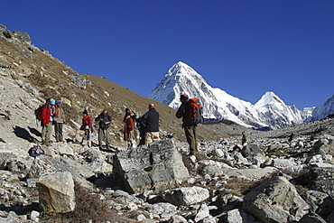 Trekkers Nr Everest. On the Low Kumbu Glacier, Nepal