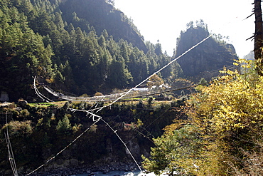 Bridge and Prayer Flags, Near Lukla, Everest Trail, Nepal.