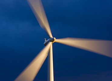 Revolving blades of a 2.3 megawatt wind turbine, Blacklaw Windfarm, South Lanarkshire, Scotland