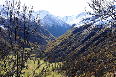 Pyreneean valley near Bagneres de Luchon with big peaks on the French and Spanish border in the background, Hautes-Pyrenees, France, Europe