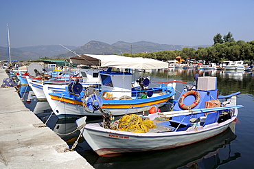 Traditional wooden fishing boats moored in Skala Kalloni harbour, Lesbos (Lesvos), Greek Islands, Greece, Europe