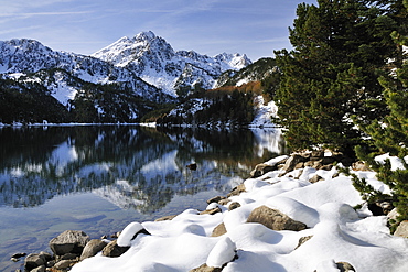 St. Maurici Lake and snowy peaks of Aigues Tortes National Park in winter, Pyrenees, Catalonia, Spain, Europe