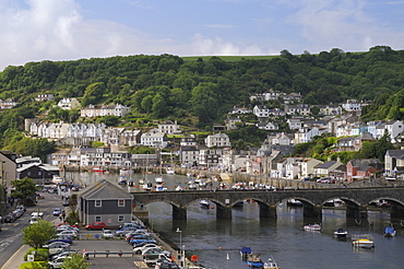 Overview of Looe harbour and bridge linking East and West Looe, Cornwall, England, United Kingdom, Europe