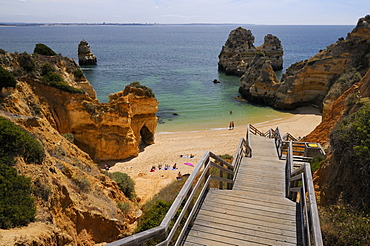 Wooden steps down to Praia do Camilo (Camel beach), Lagos, Algarve, Portugal, Europe