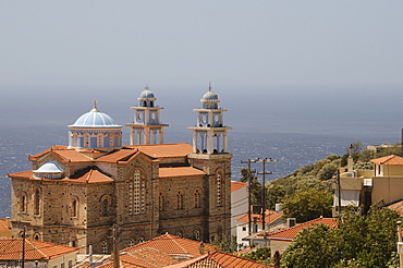 Overview of Marathokambos church with the Aegean Sea in the background, Samos, Eastern Sporades, Greek Islands, Greece, Europe 