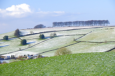 Frozen, snow dusted pastureland, arable fields and row of trees in winter,  Frozen Hill, near Bath, UK.