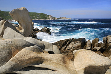 Granite rocks smoothed and sculpted by the weather and the sea into strange organic shapes, Campomoro Point, near Propriano, Corsica, France.