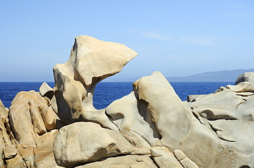 Granite rocks smoothed and sculpted by wind, weather and the sea into strange organic shapes, Campomoro Point, near Propriano, Corsica, France.