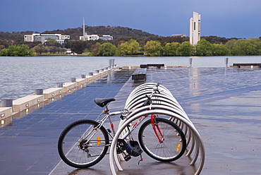 Bike on pontoon after storm, Lake Burley Griffin, Canberra, Australian Capital Territory, Australia