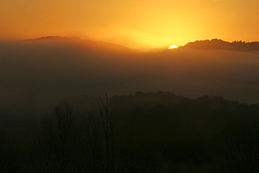 Glen Nant with sun setting over low lying cloud. Argyll, Scotland