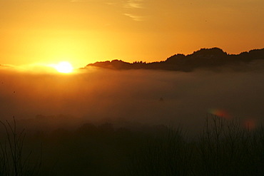 Glen Nant with sun setting over low lying cloud. Argyll, Scotland