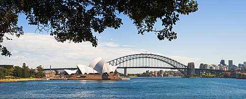 Sydney Opera House, UNESCO World Heritage Site, and Sydney Harbour Bridge panoramic from Sydney Royal Botanic Gardens, Sydney, New South Wales, Australia, Pacific