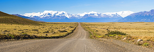 Long straight road to Perito Moreno Glaciar, El Calafate, Patagonia, Argentina, South America