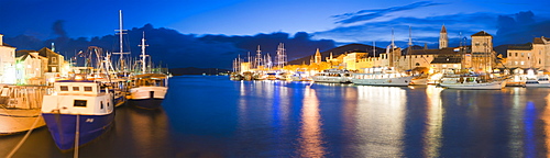 Trogir town and boat docks at night, Dalmatian Coast, Adriatic, Croatia, Europe 