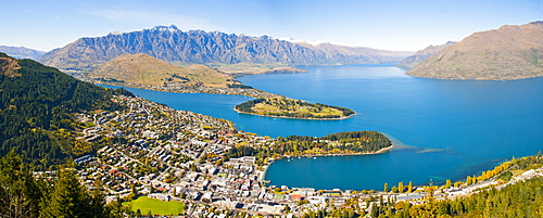 Aerial view of Queenstown, Lake Wakatipu and the Remarkable mountains, Otago Region, South Island, New Zealand, Pacific