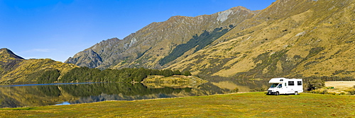 Caravan at Lake Moke campsite, Queenstown, Otago, South Island, New Zealand, Pacific