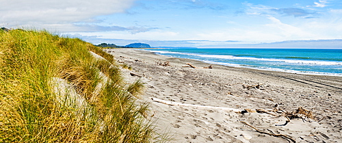 Panorama of wild and rugged Ross Beach, West Coast, South Island, New Zealand, Pacific