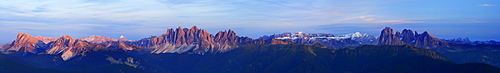 panorama from hut Radlseehuette to Dolomites with Peitlerkofel, Geislergruppe, Sella with Piz Boe, Marmolada, Langkofel, Fuenffingerspitze, Plattkofel and Pala, Sarntaler Alpen, Sarntal range, South Tyrol, Italy