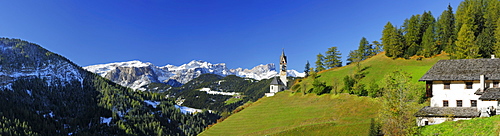 Panorama Church St. Barbara with Geisler-Puez range, valley Gadertal, Dolomites, South Tyrol, Italy