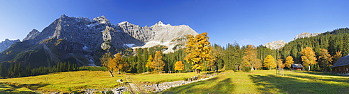 Panorama at Kleiner Ahornboden with maple trees in autumn colours and Rauhkarlspitze, Kaltwasserkarspitze and Birkkarspitze, Karwendel, Tyrol, Austria