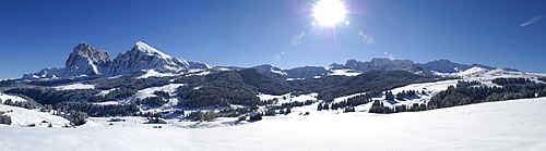 Winter landscape and mountains under blue sky, Alpe di Siusi, South Tyrol, Italy, Europe