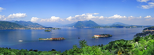 Panorama of lake Maggiore with Borromee isles, Isole Borromee, Isola Superiore, Isola Bella and Isola Madre, Stresa, lake Maggiore, Lago Maggiore, Piemont, Italy