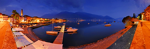 Panorama of illuminated Ascona with seaside promenade at lake Maggiore, Ascona, lake Maggiore, Lago Maggiore, Ticino, Switzerland