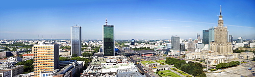 Panoramic view of the Palace of Culture and Sciences and modern high rise buildings, Warsaw, Poland, Europe