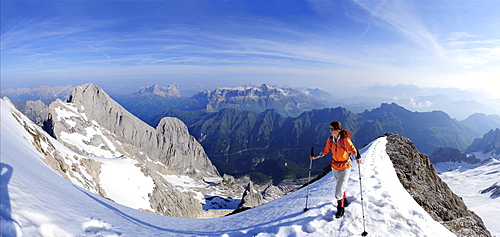 Woman ascending Marmolada, Dolomites, Trentino-Alto Adige/Suedtirol, Italy