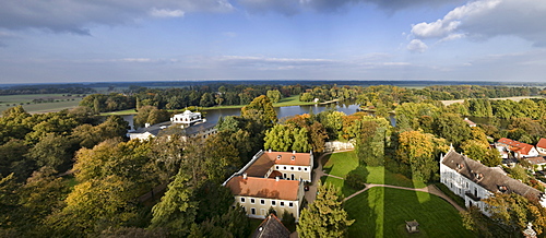 View from the Bible Tower, Castle Woerlitz, Kitchen Building, Woerlitz Lake, Woerlitz, Dessau, Saxony-Anhalt, Germany