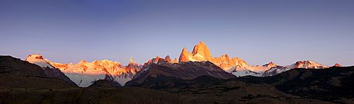 Cerro Torre and Mt. Fitz Roy at the first light of sunrise, Los Glaciares National Park, near El Chalten, Patagonia, Argentina